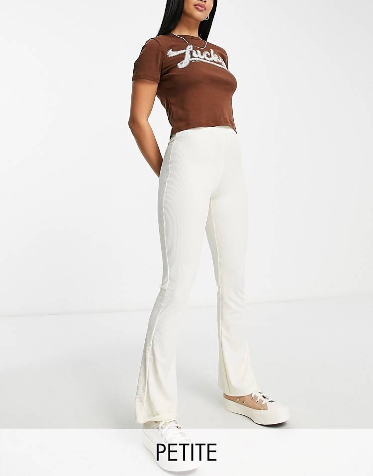 Topshop Petite skinny rib flared pants ecru